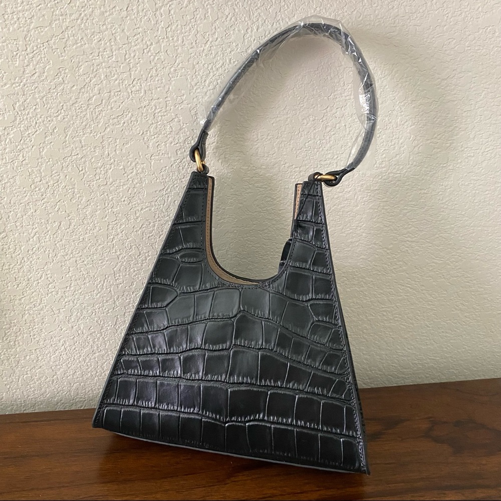 Black Croc Embossed Leather Triangle REY Shoulder Bag
